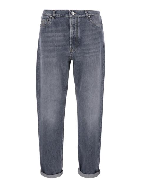Brunello Cucinelli Brunello Cucinelli Men Grey Jeans With Cuffs And Logo Patch On The Back In Denim For Men