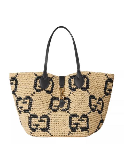 GUCCI GUCCI $3650 Nat/Blk GG Raffia Medium Tote New Authentic