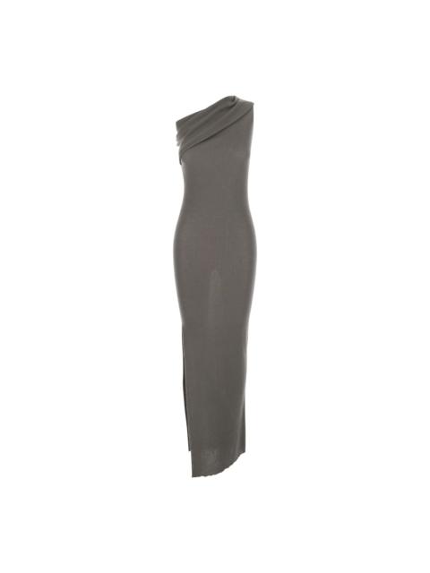 Rick Owens 'athena' Grey Asymmetrical Long Dress With Wide Neck And Ribbed Design In Cotton Knit Woman