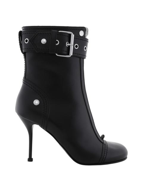 Alexander McQueen Open Box - Alexander McQueen Black Buckle-Detail Heeled Ankle Boots, Brand Size 37 ( US Size 7 )