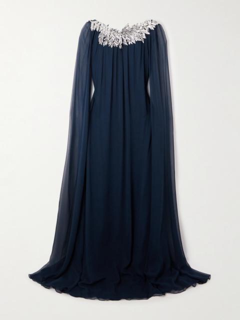 Oscar de la Renta Cape-effect Embellished Silk-chiffon Gown