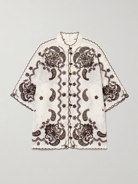 Zimmermann Ascension leather-trimmed broderie anglaise linen shirt Cream