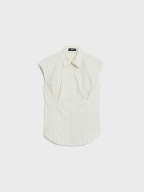 Cinched Cap-Sleeve Shirt in Striped Cotton-Blend