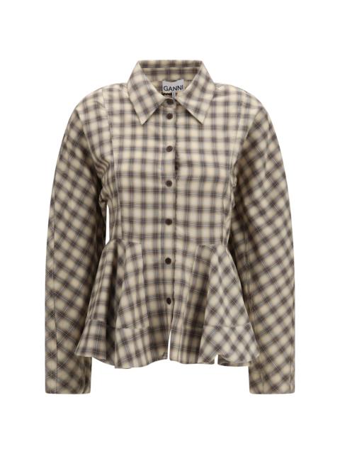 GANNI Ganni Check Flannel Peplum Shirt Oyster Gray