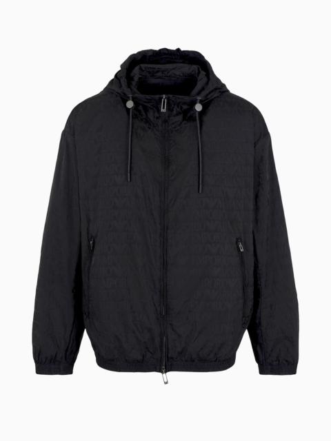 EMPORIO ARMANI Lightweight nylon, hooded zip-up blouson with all-over jacquard lettering