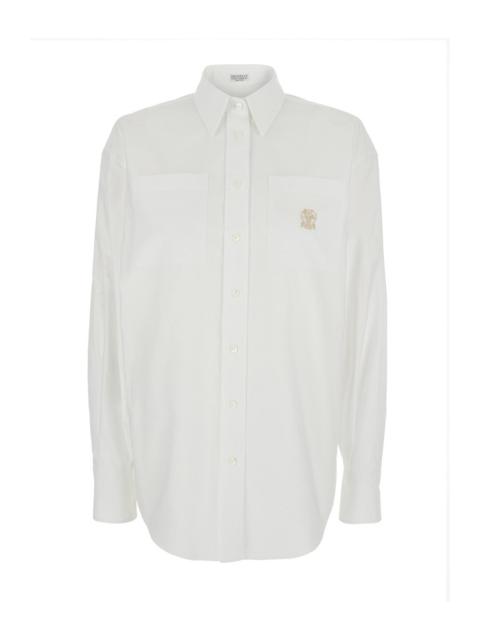 Brunello Cucinelli Women White Shirt With Classic Collar And Embroidered Logo On The Chest In Cotton