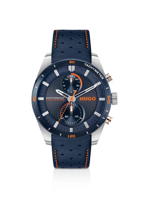 HUGO BLUE-DIAL WATCH WITH PERFORATED-LEATHER STRAP