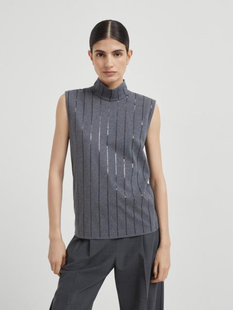 Brunello Cucinelli Cotton jersey turtleneck top with dazzling chalk stripe embroidery