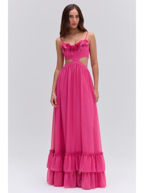 PatBO SILK PLISSE FLOWER APPLIQUE LONG DRESS