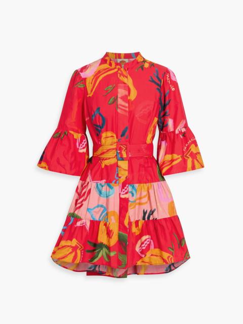 FARM RIO Belted printed cotton-poplin mini shirt dress