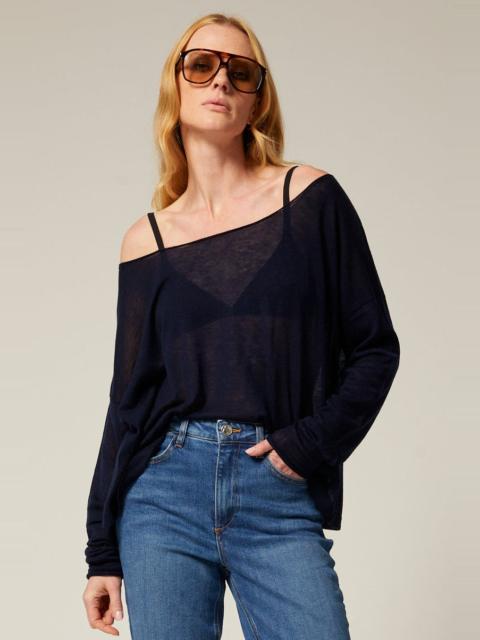 SPRWMN NAVY TISSUE CASHMERE OFF-SHOULDER TOP