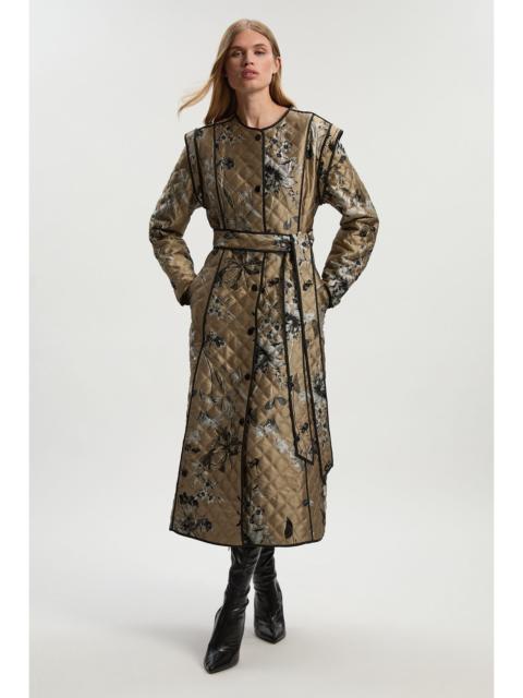 KAREN MILLEN Printed Jacquard Padded Collarless Full Midi Coat