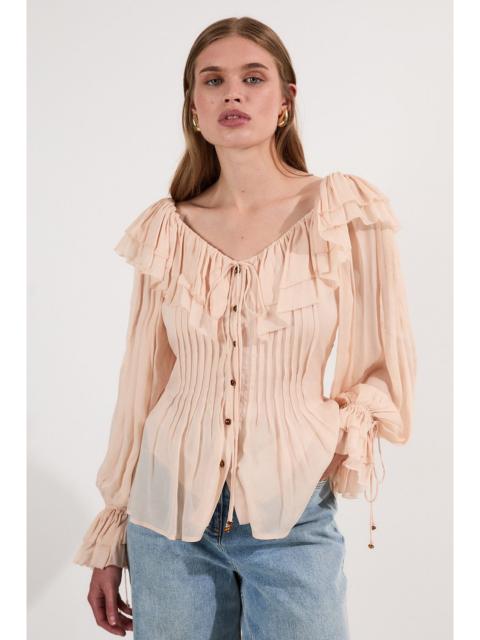 KAREN MILLEN Crinkle Viscose Georgette Pin Tuck Detail Ruffle Woven Blouse