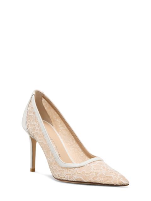Stuart Weitzman Stuart Weitzman Stuart Power 85 Lace Pointed Toe Pump in Blanco/Beige/Blanco at Nordstrom
