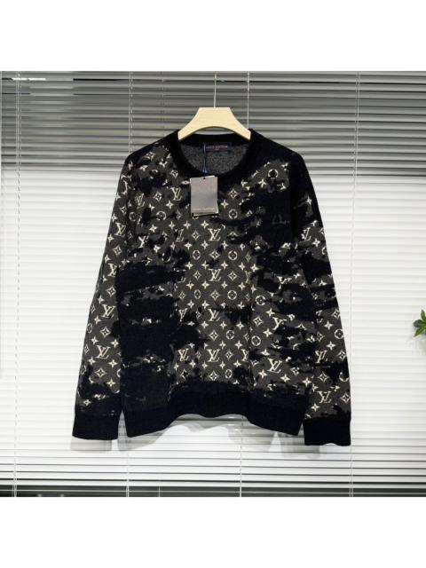 Louis Vuitton Louis Vuitton Knit Distressed Wool Monogram All-Over Logo Print Navy Sweater
