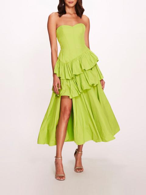 Marchesa TAFFETA TIERED RUFFLE MIDI DRESS