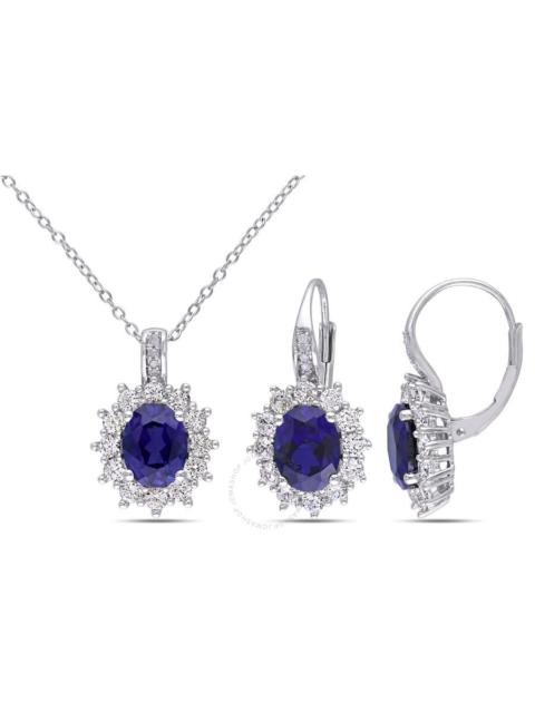 Other Designers AMOUR 2-pc Set Of 12 1/10 CT TGW Created Blue and Created White Sapphire and Diamond Halo Pendant wi