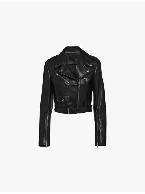Prada Brand-plaque cropped leather biker jacket