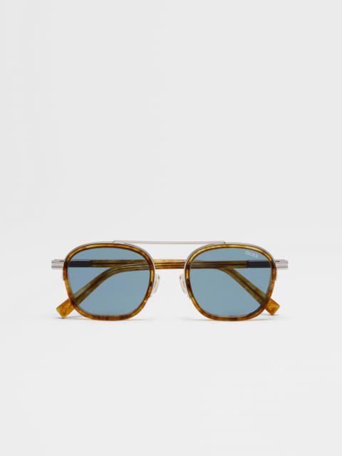 ZEGNA TRANSPARENT LIGHT BROWN HAVANA ORIZZONTE I ACETATE AND METAL SUNGLASSES