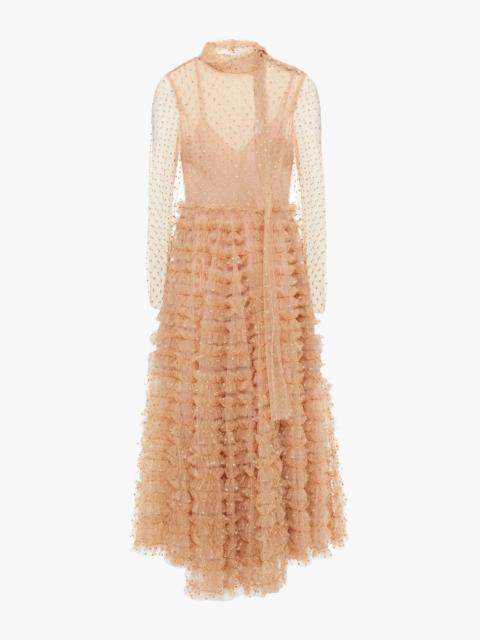 REDValentino Tie-neck ruffled glittered tulle midi dress