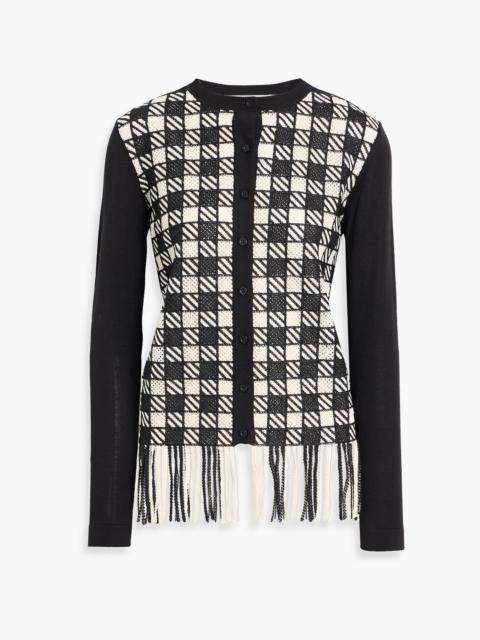 Oscar de la Renta Fringed checked jacquard knit-paneled silk-blend cardigan