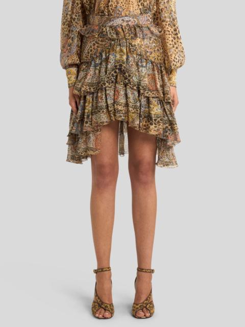Etro SHORT SILK SKIRT WITH RUFFLES AND PAISLEY AND ANIMAL MOTIF