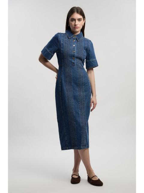 KAREN MILLEN Denim Corset Stitch Detail Pencil Midi Dress