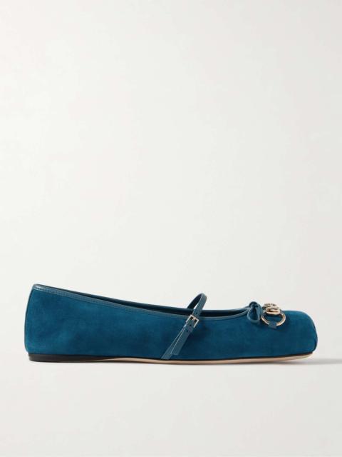 Horsebit-detailed leather-trimmed suede ballet flats Blue