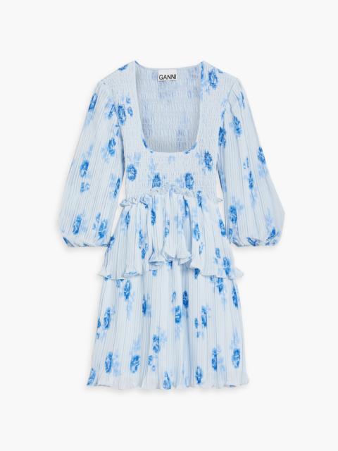 GANNI Shirred floral-print crepe de chine mini dress