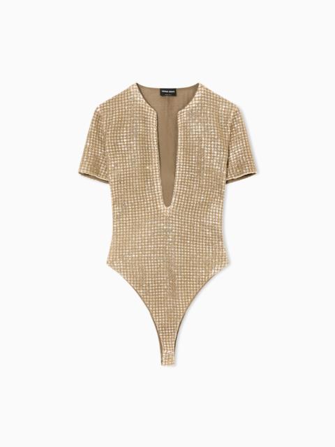 GIORGIO ARMANI JERSEY BODYSUIT WITH A FLOCKED PRINT AND SEQUINS