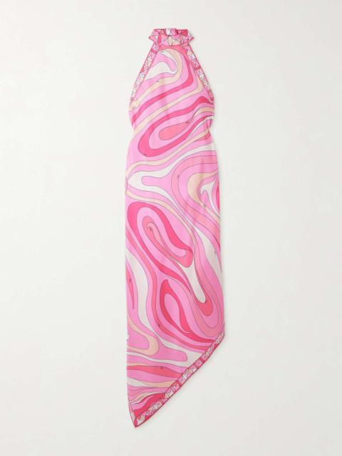 Halterneck printed silk-twill midi dress Pink