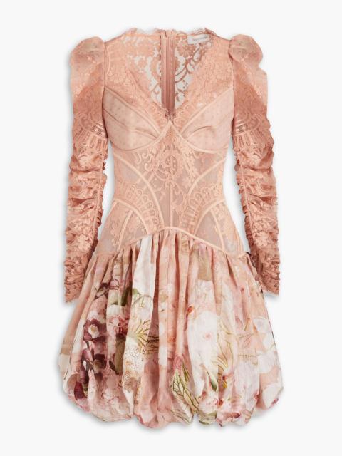 Zimmermann Flocked silk and linen-blend tulle, lace and gauze mini dress