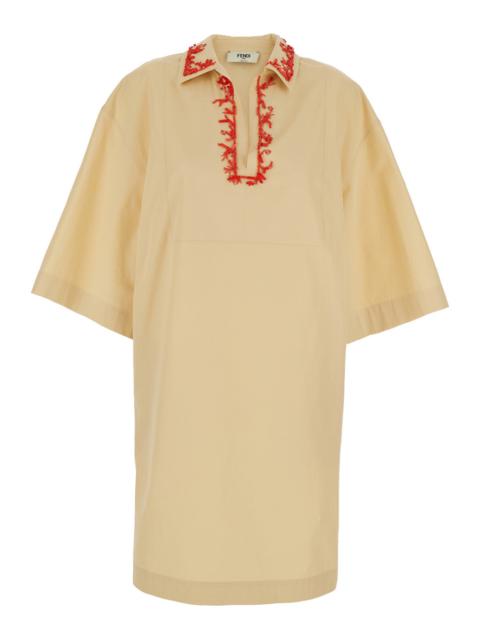 FENDI Fendi Women Beige Dress With Open Polo Shirt Style Collar And Embroidery On The Collar In Cotton Wom