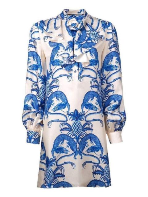 GUCCI Silk Dragon Print Twill Ruffle Neck Dress