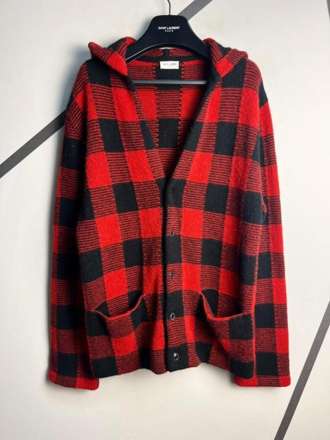 SAINT LAURENT Saint Laurent SLP 2014 Fall/Winter Elbow-Style Black and Red Checkered Hooded Alpaca Wool Cardigan