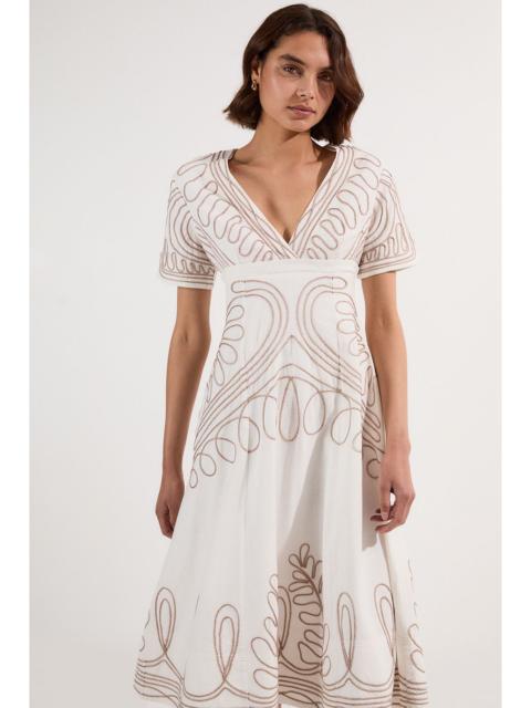 KAREN MILLEN Cotton Linen Cornelli Embroidery Open Back Woven Midi Dress