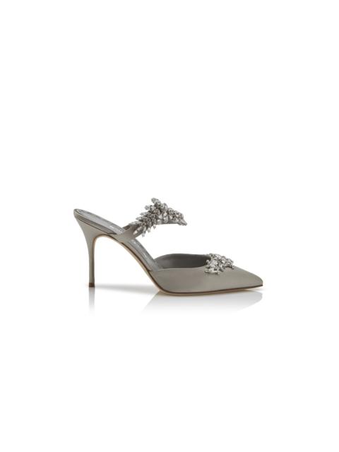 Manolo Blahnik Grey Satin Crystal Embellished Mules