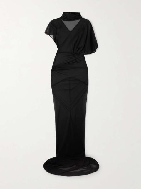 Lilith asymmetric gathered organza-jersey gown Black