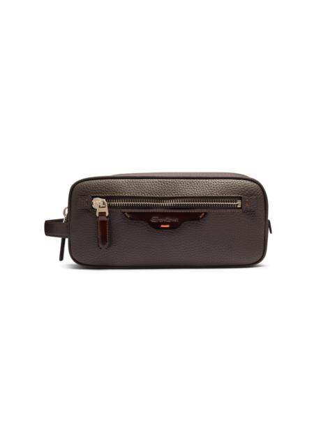Santoni Dark brown tumbled leather beauty case