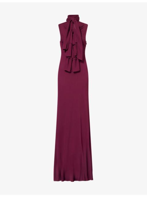 Alaïa High-Neck Bow Woven Maxi Dress