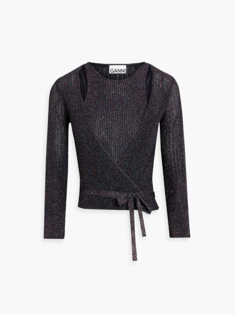 GANNI Cutout wrap-effect metallic ribbed-knit top