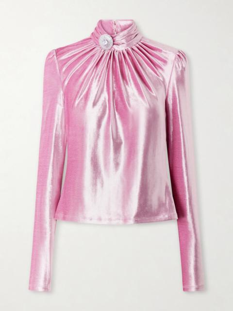 rabanne Crystal-embellished Gathered Velvet Turtleneck Blouse