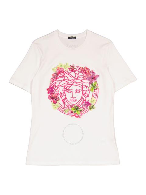 Versace Ladies Optical White Medusa Embroidered Crewneck T-Shirt, Brand Size 36 (US Size 0)