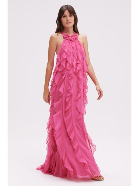 PatBO SILK PLISSE LONG DRESS HALTERNECK FLORAL COLLAR