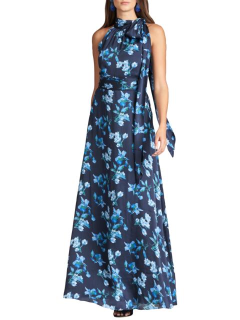 SACHIN & BABI Sachin & Babi Kayla Floral Crinkle Georgette Halter Gown in Night Sky Venetian Petal at Nordstrom