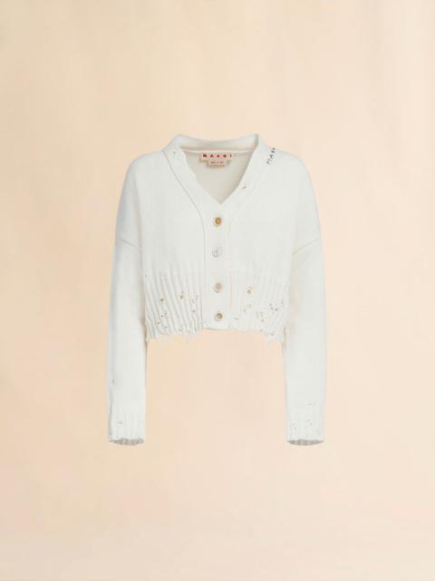 Marni WHITE DISHEVELLED COTTON CROPPED CARDIGAN