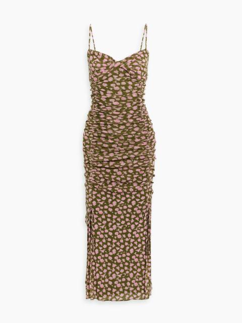DIANE VON FURSTENBERG Lester ruched printed stretch-mesh midi dress