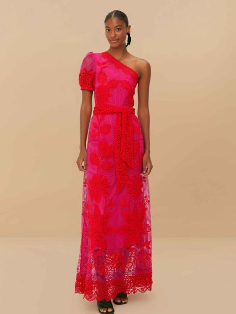 FARM RIO Bicolor Guipure One-Shoulder Maxi Dress