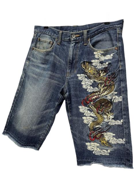 Other Designers Japanese Brand - Vtg Sukajan Dragon Embroidery Release Hem Rusty Denim Shorts