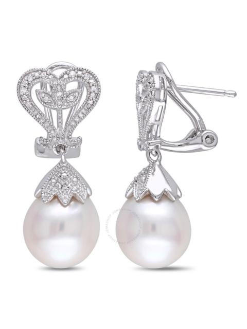 Other Designers AMOUR 10 - 10.5 Mm White Cultured Freshwater Pearl and Diamond Heart Leaf Earrings In Sterling Silve